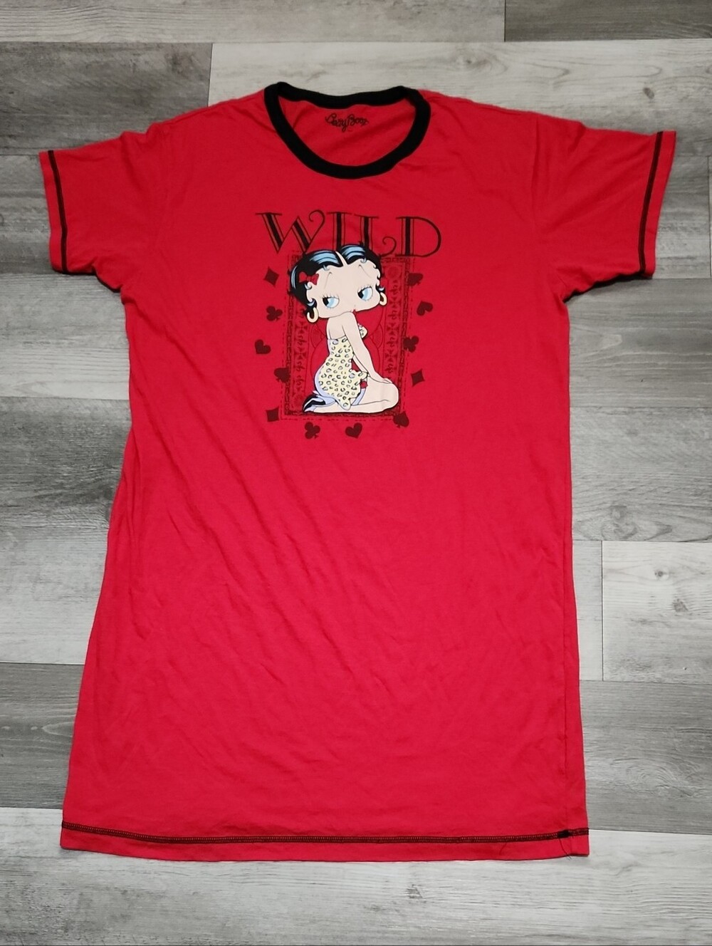 Womens Betty Boop Red Pajama Tee with Black Trim Wild Card Design OSFM 34" Long
